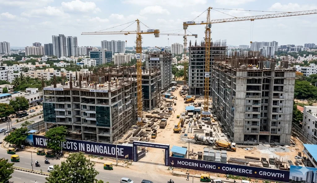 Overview map and skyline representing new residential projects and upcoming apartment launches across Bangalore.